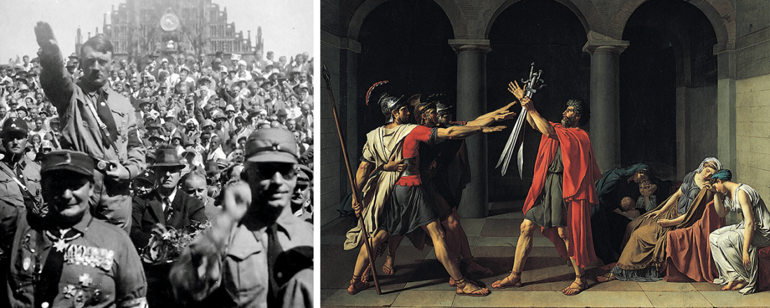 The Nazi salute on the left; "The Oath of the Horatii" by Jacques Louis-David (Source: Various/Wikimedia Commons)