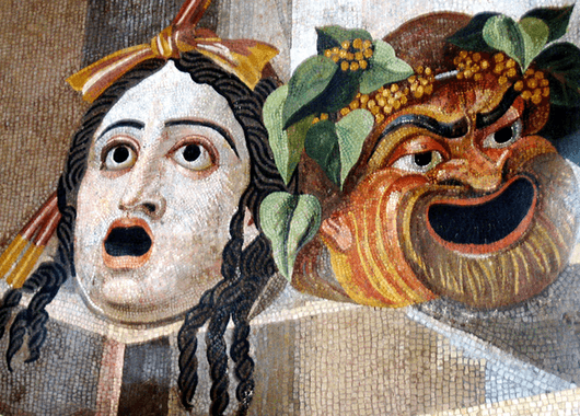 Tragic and Comic Masks of Ancient Greek Theatre (Source: Wikimedia Commons)