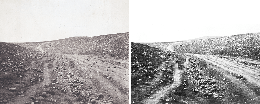 Both versions of Roger Fenton's "Valley of the Shadow of Death" (Source: Wikimedia Commons)