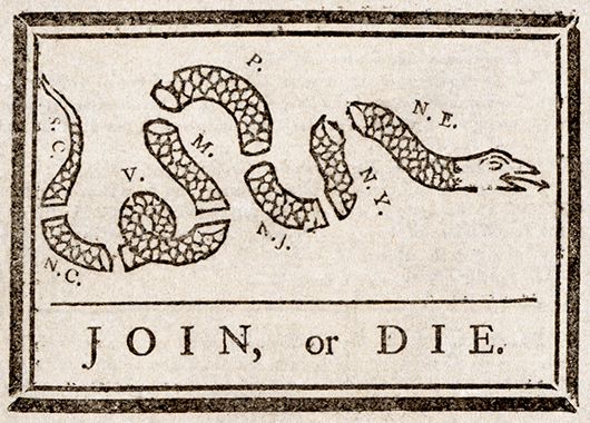Benjamin Franklin's infamous "Join or Die" cartoon from 1754 (Source: Wikimedia Commons)