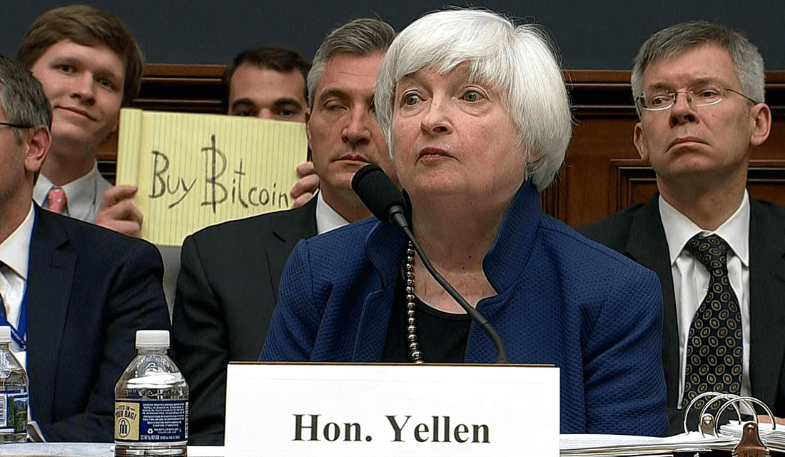 Buy Bitcoin Sign at Janet Yellen's Testimony (Source: CNBC)